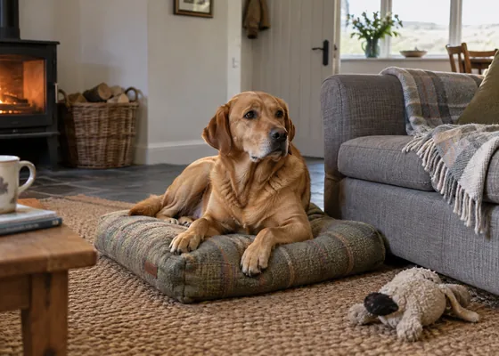 Dog on a floor cushion beside a sofa.