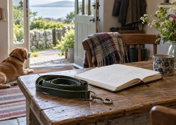 Dog lead beside an open notebook.