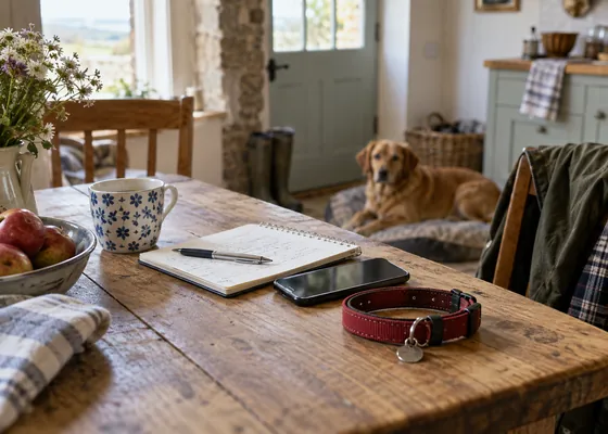A dog collar and notebook on a kitchen table.