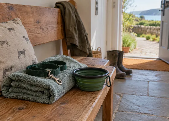 Dog lead bowl and folded towel on a bench.