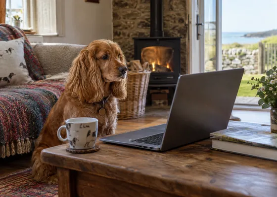 Dog beside a laptop on a low table.