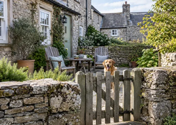 Cottage courtyard with a gate and outdoor chairs.