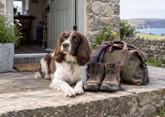 Dog and walking boots beside a small travel bag.