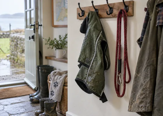 Dog coat and lead drying on utility hooks.