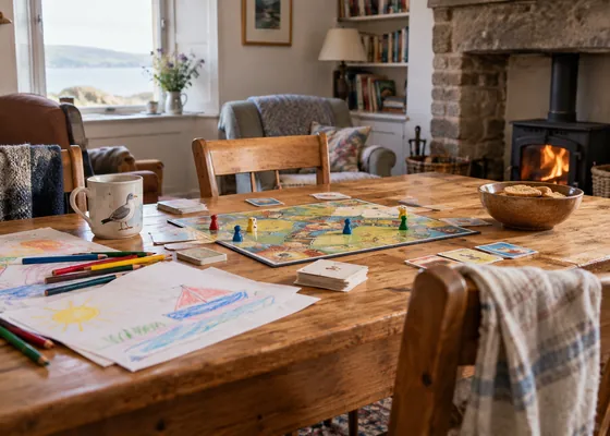 Board game and drawing paper on a wooden table.