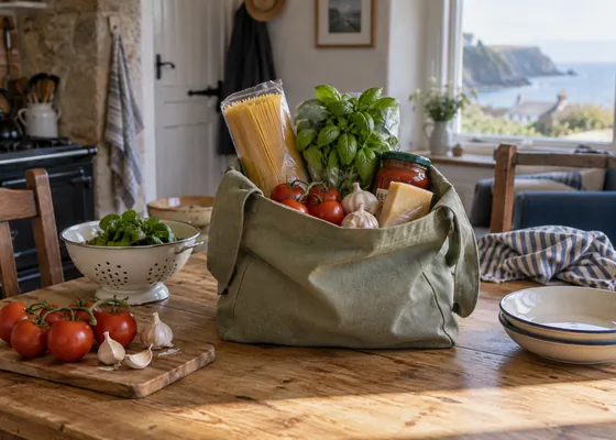 Simple pasta ingredients in a reusable grocery bag.