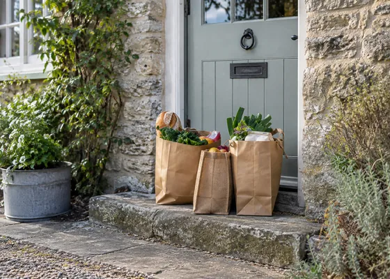 Grocery bags on a stone cottage doorstep.