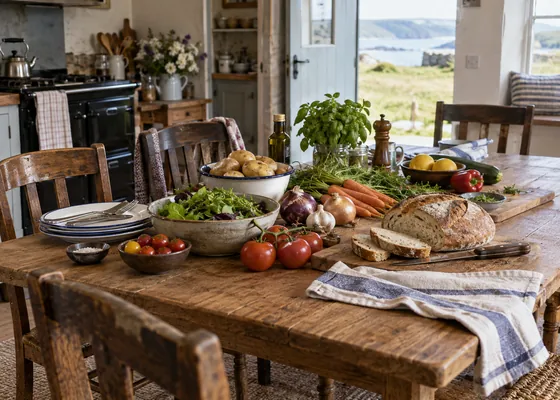 Large kitchen table with vegetables and bread.