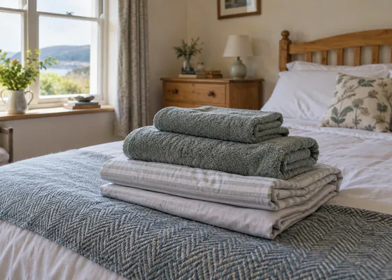 Folded towels and bed linen on a cottage bed.
