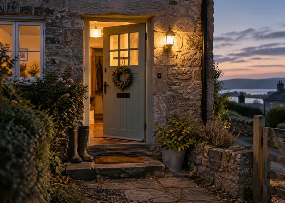 Illuminated cottage doorway at dusk.