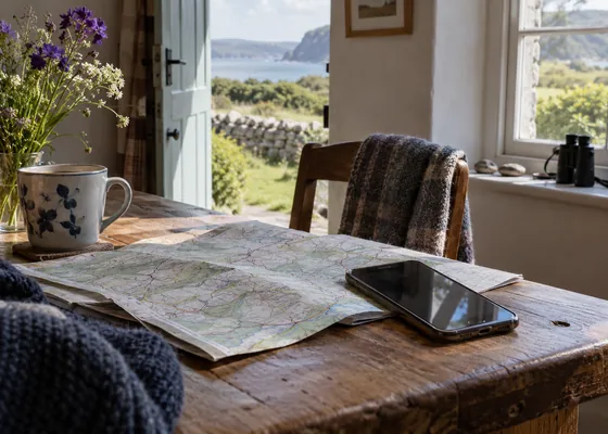 Mobile phone resting beside a paper countryside map.
