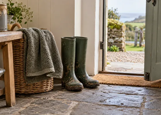 Towel and wellington boots beside a cottage door.