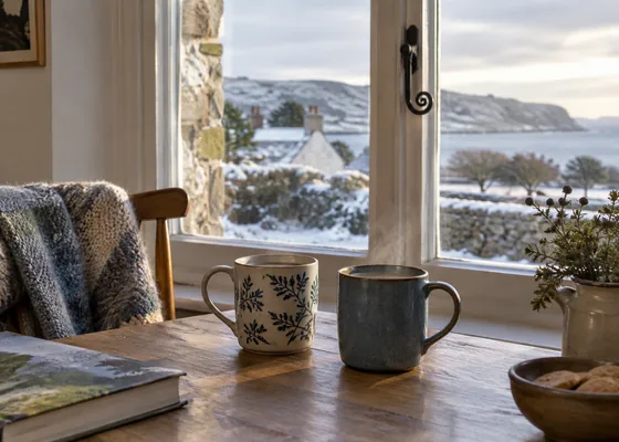 Two mugs beside a window on a winter morning.