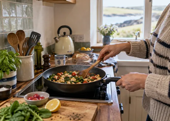 One pan meal being prepared on a compact kitchen hob.