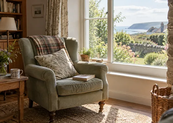 Single armchair with a book beside a garden window.