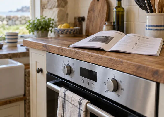 Oven control panel beside an appliance instruction booklet.