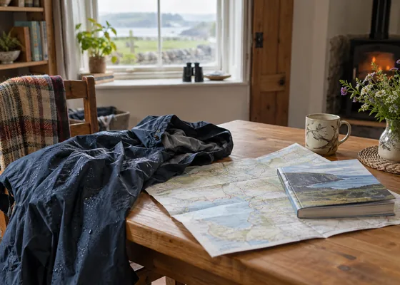 Raincoat map and book on a cottage table.