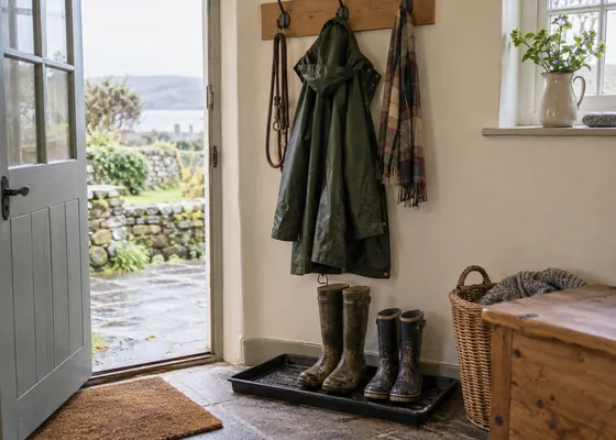 Raincoat hanging above a boot tray in a porch.